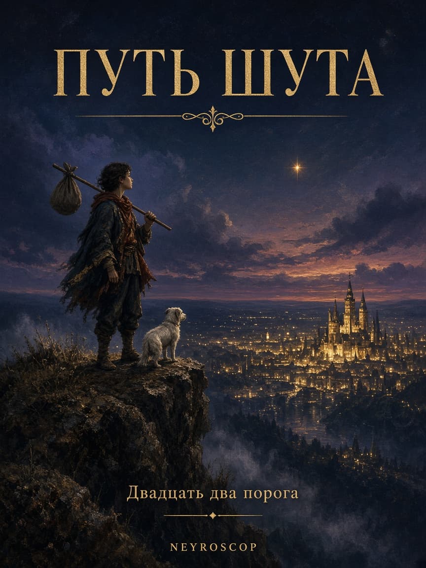 Обложка книги «Путь Шута»: путник на обрыве, пёс, город фонарей и золотая надпись