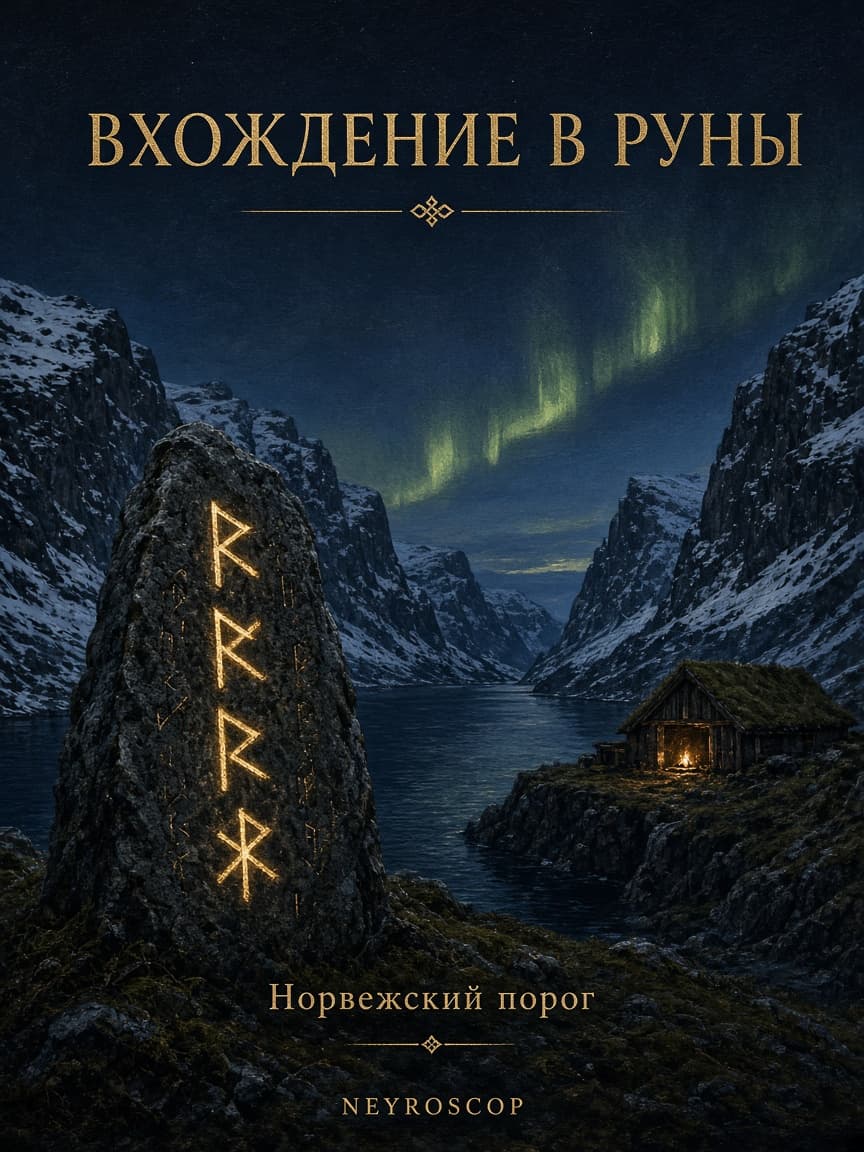 Обложка книги «Вхождение в руны»: фьорд, северное сияние, рунический камень и дом с торфяной крышей