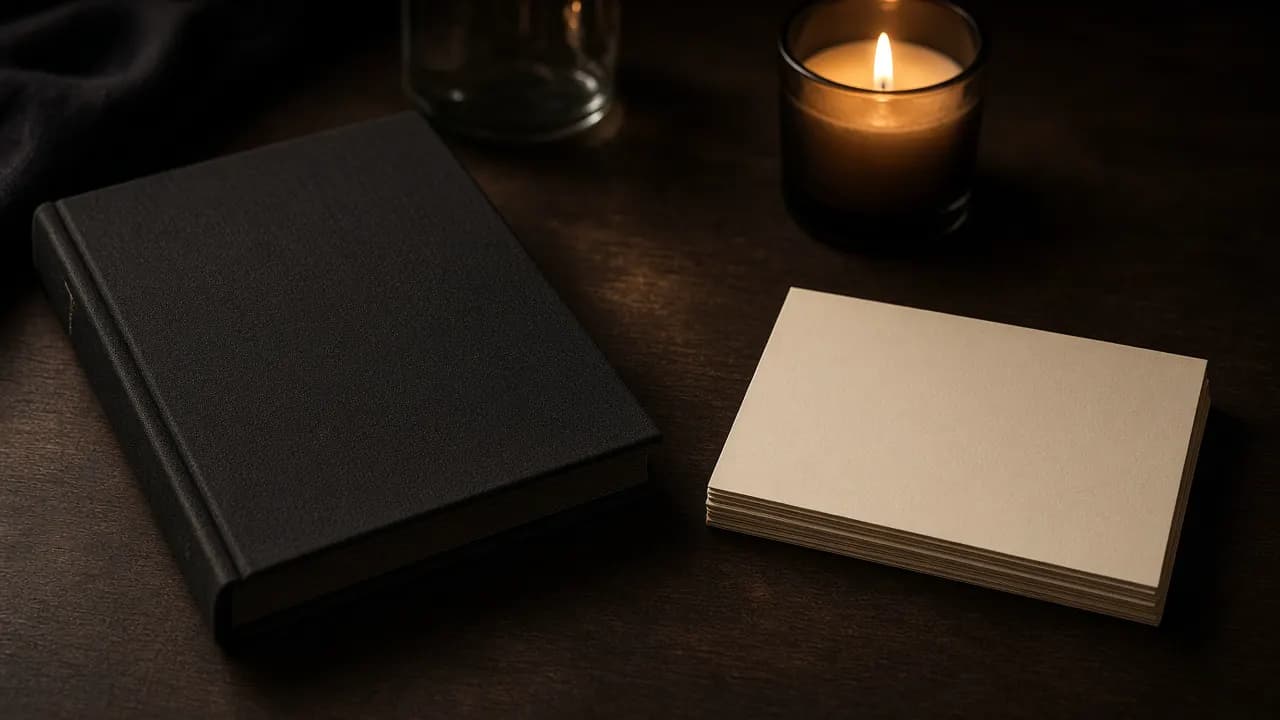 Закрытая книга и стопка чистых карточек при свече